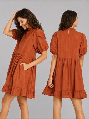 Universal Thread Rust Orange Tiered Mini Dress Puff Sleeve Cottagecore Boho